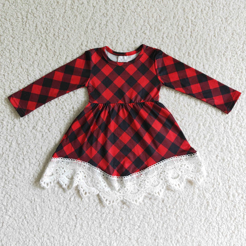 Baby Girls Red Plaid Long Sleeve Lace Dress