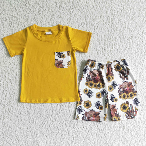 Yellow Pocket Cute Highland Cow Sunflower Print Baby Boy Summer outfits