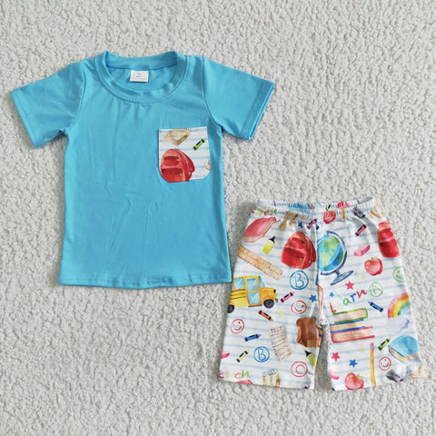 Back To School Boy Blue Pocket Short Sleeve Shorts Outfit