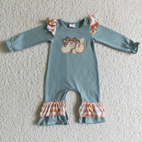 Little Girl Toddler Clothing Blue Pumpkin Embroidery Plaid Long Sleeve Baby Romper