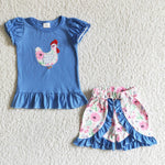 Blue Chicken Embroidery Cotton Shirt Floral Shirt Girls Outfit