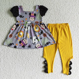 Halloween Girl Cute Mouse Print Short Sleeve Shirt Yellow Pants Outfit