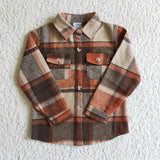 Brown Plaid Cotton Pocket Boy Thick Flannel Button Up Shirt