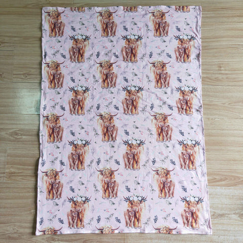 Pink Highland Cow Print Minky Baby Blankets