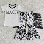 Girl Simple White Letter Print Shirt Leopard Tassels Bell Bottom Pants Outfit