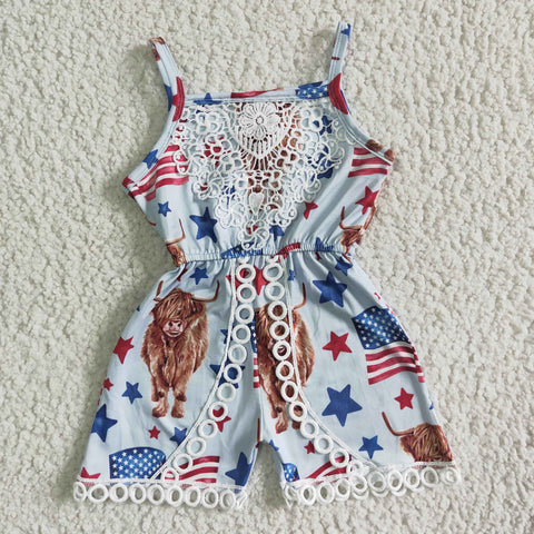 4th Of July Girls Highland Cow Lace Print Halter Summer Jumpsuit