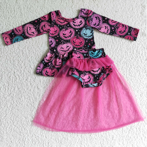 Halloween Rose Pink Pumpkin Print Long Sleeve Tunic Shirt Tulle Skirt Baby Bummies Outfit