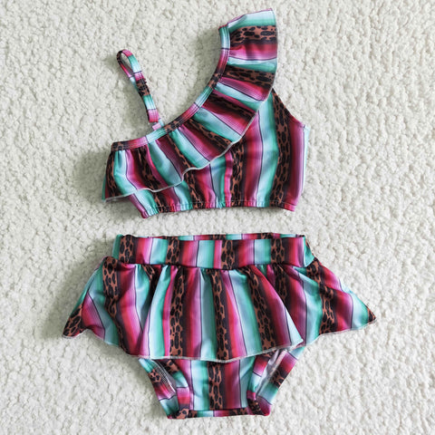Girls Leopard Print Color Stripe Suspenders Briefs Swimsuit Set