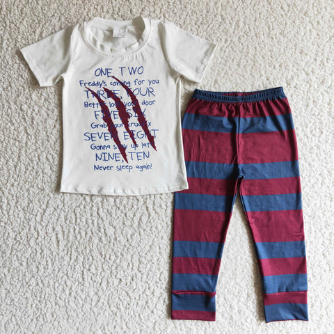 Boy White Letter Short Sleeves Shirt Red Blue Striped Pants Boy Clothes Outfit