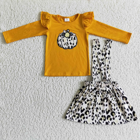 Leopard Pumpkin Embroidery Yellow Long Sleeve Suspender Skirt Outfit