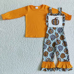 Girl Orange Long Sleeve Shirt Leopard Pumpkin Overall Ruffle Clothes Outfit