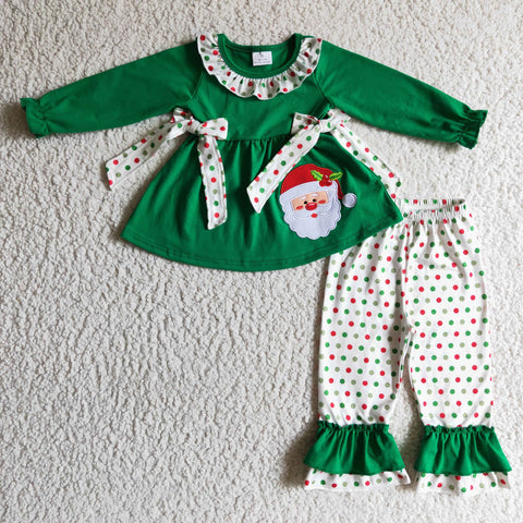 Girl Green Tunic Shirt Christmas Santa Embroidery Ruffle Polka Dot Long Pants Clothing Outfit